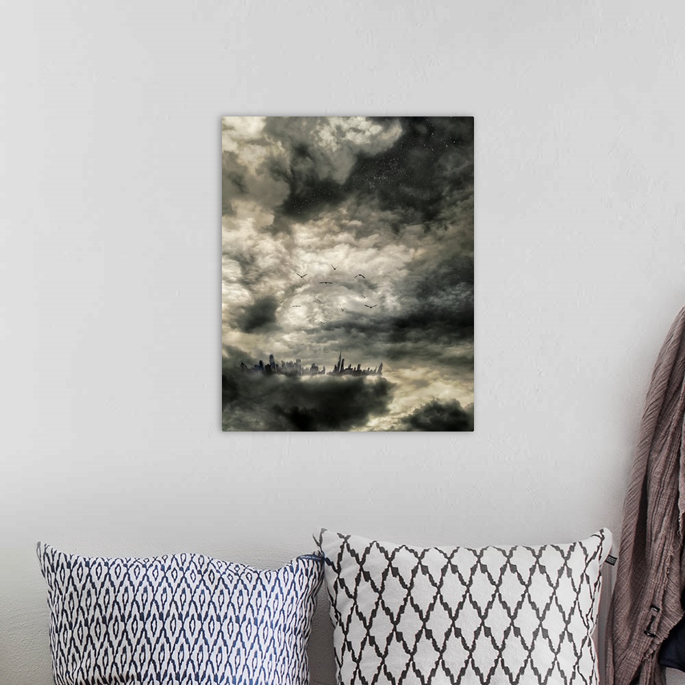 A bohemian room featuring Dense white clouds obscuring the mountainside, creating a surreal landscape.