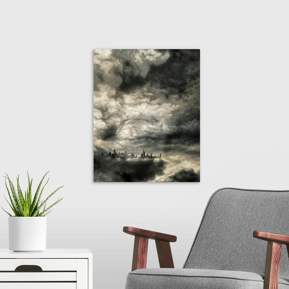 A modern room featuring Dense white clouds obscuring the mountainside, creating a surreal landscape.