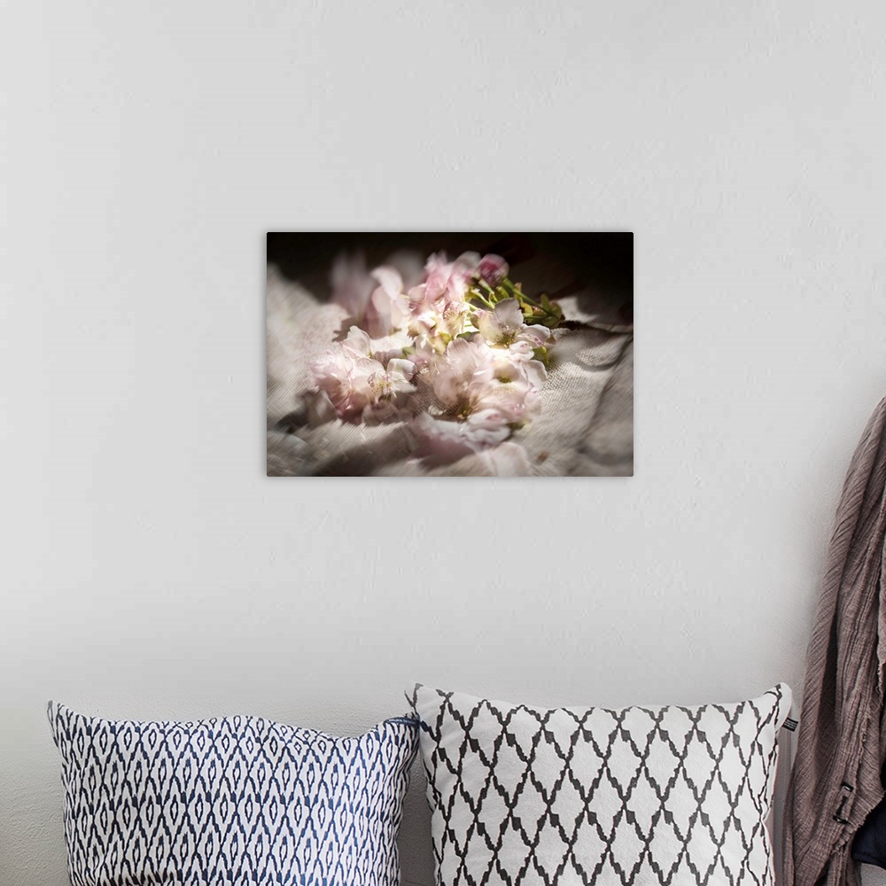 A bohemian room featuring Dreamy photograph of cherry blossom flowers on linen with multiple exposures.