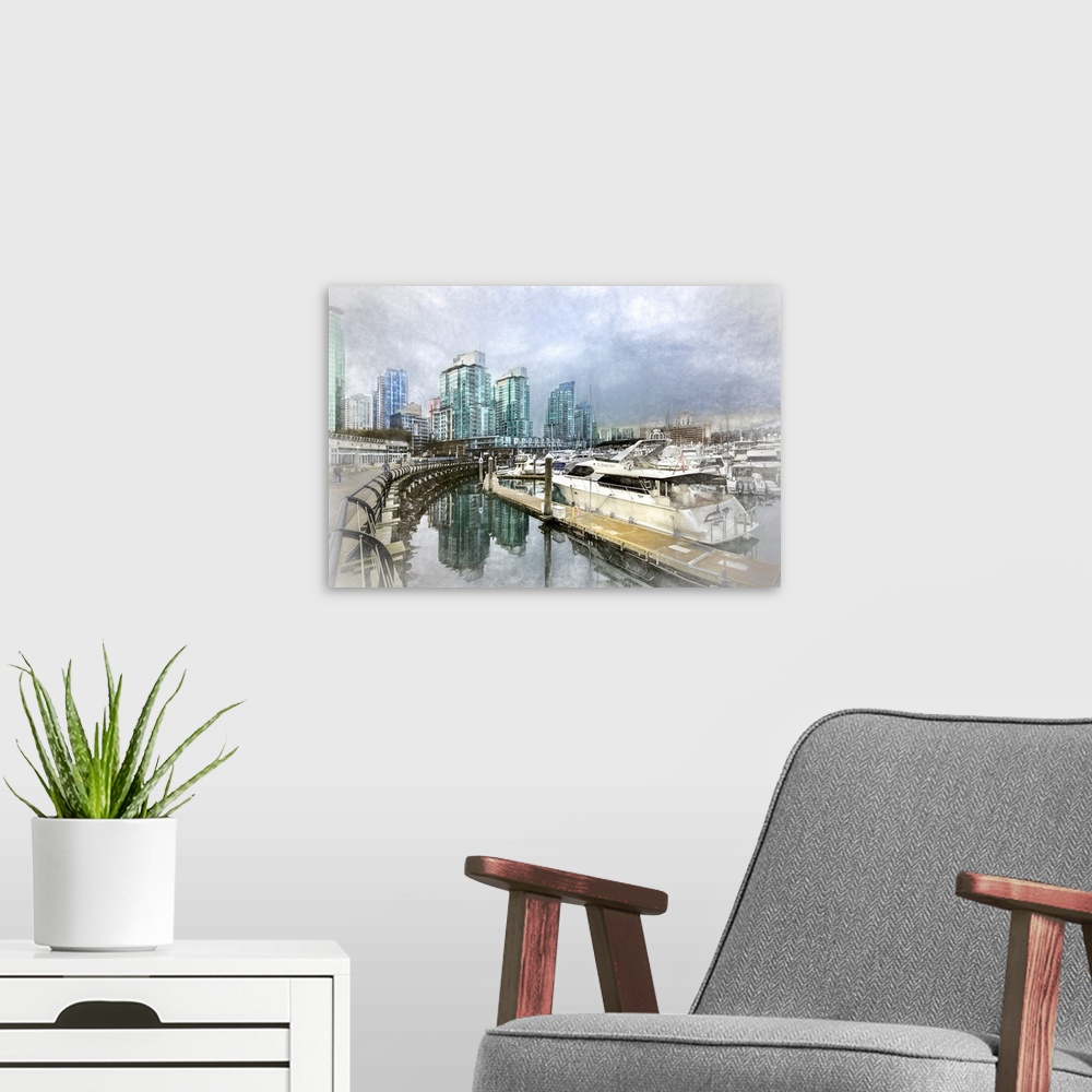 A modern room featuring An artistic photographic drawing of Coal Harbour in Vancouver, BC.