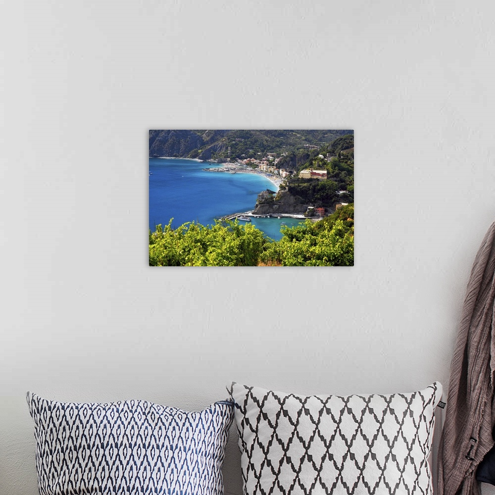 A bohemian room featuring High angle view of the Ligurian Coastline at Monterosso, Cinque Terre, Italy.