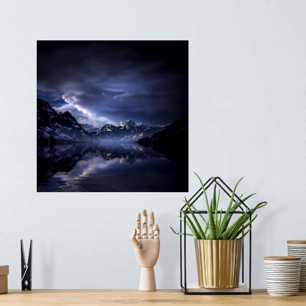 A bohemian room featuring Mountain and lake Switzerland at dusk