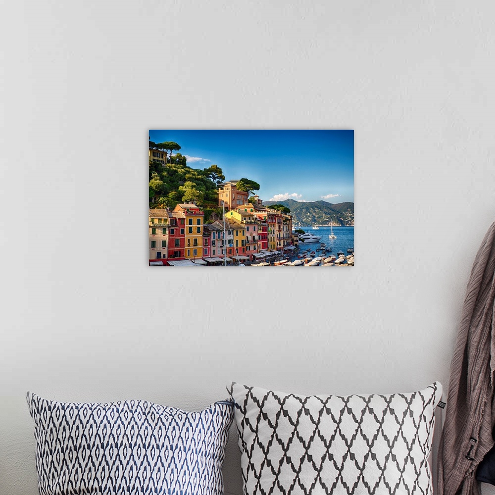 A bohemian room featuring Fine art photo of the brightly painted houses along the Mediterranean sea, Portofino, Italy.