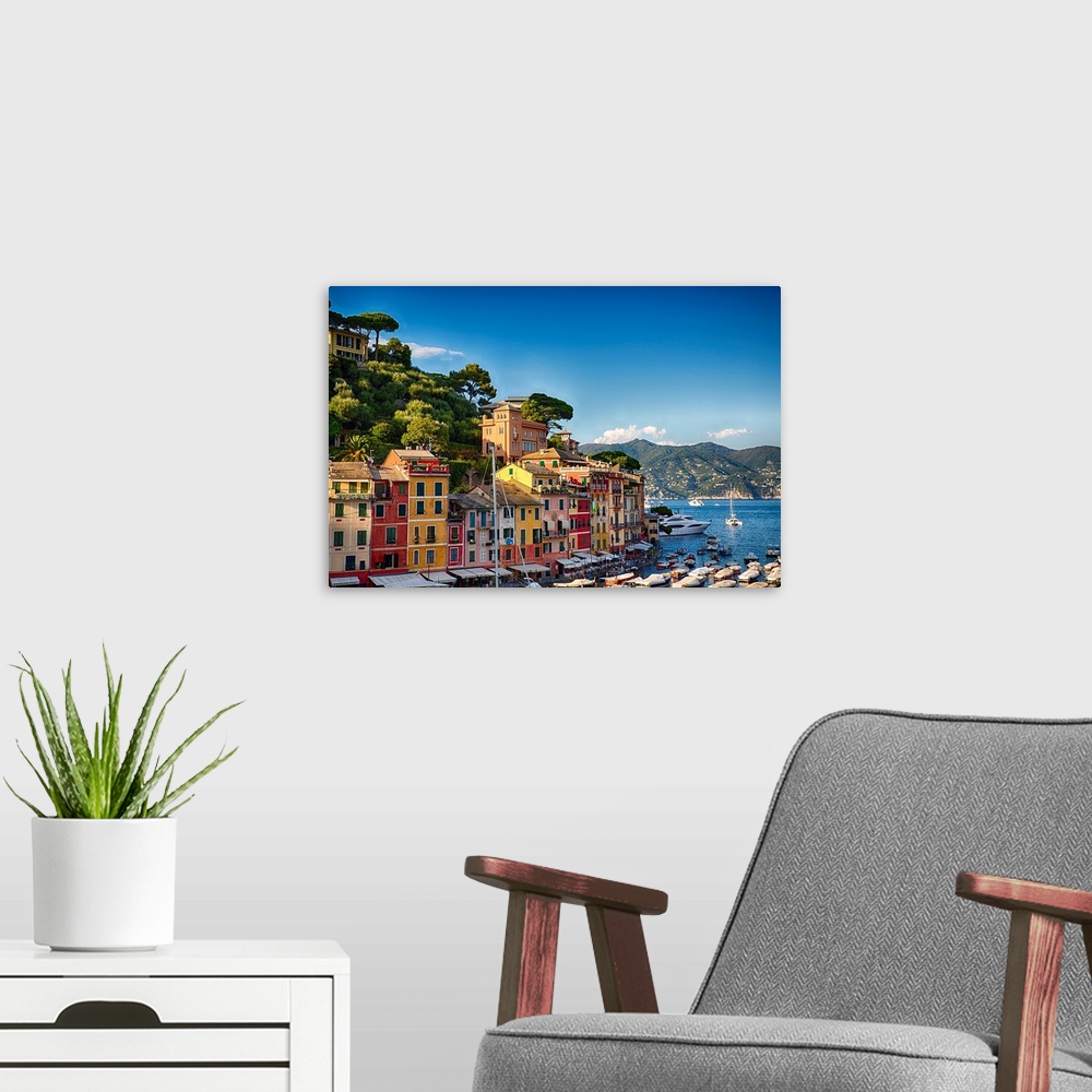 A modern room featuring Fine art photo of the brightly painted houses along the Mediterranean sea, Portofino, Italy.