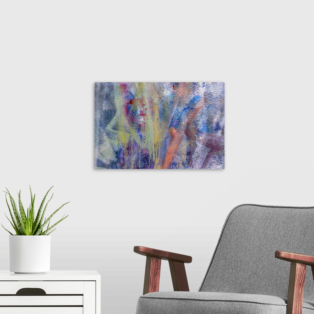 A modern room featuring Morocco, Chefchaouen, splattered paint on wall, abstract