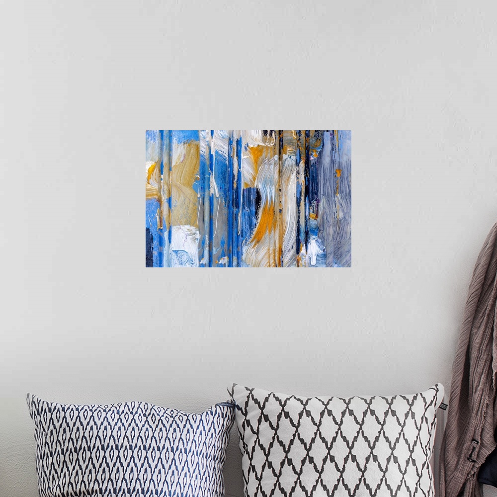 A bohemian room featuring Morocco, Chefchaouen, splattered paint on wall, abstract