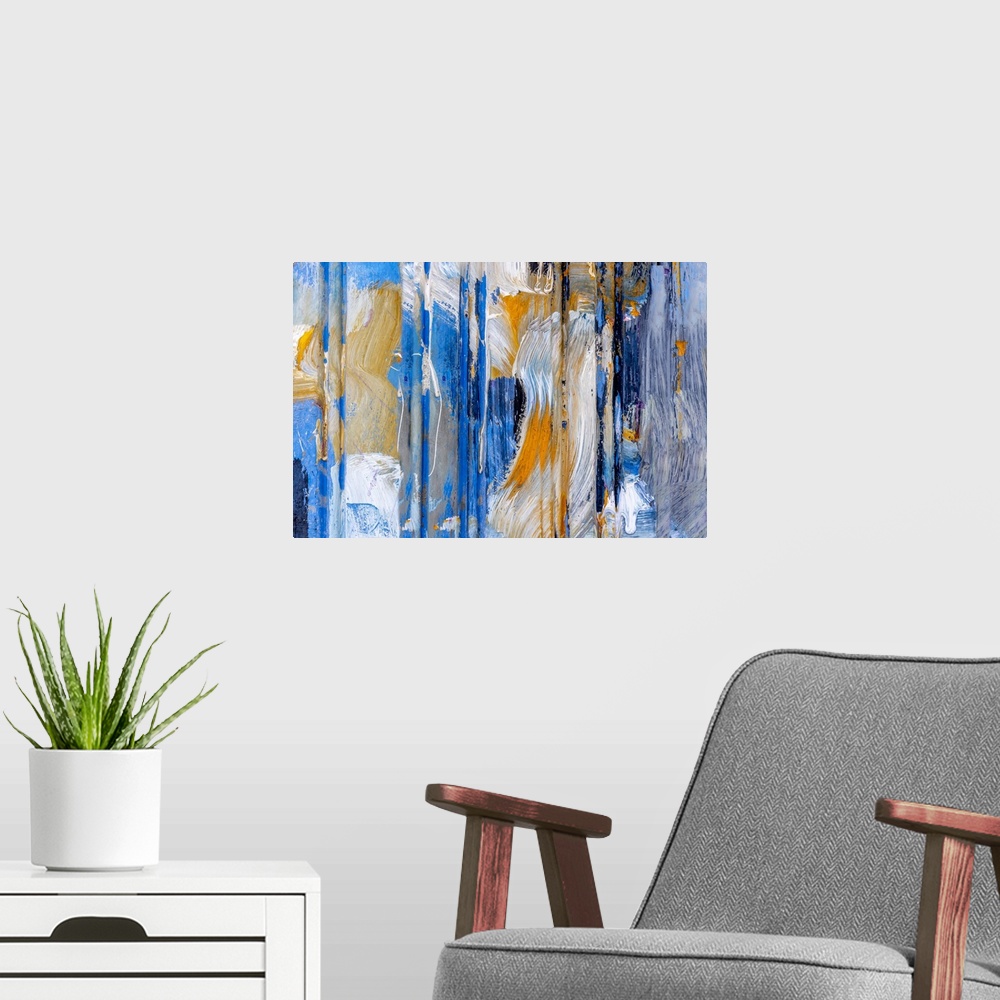 A modern room featuring Morocco, Chefchaouen, splattered paint on wall, abstract