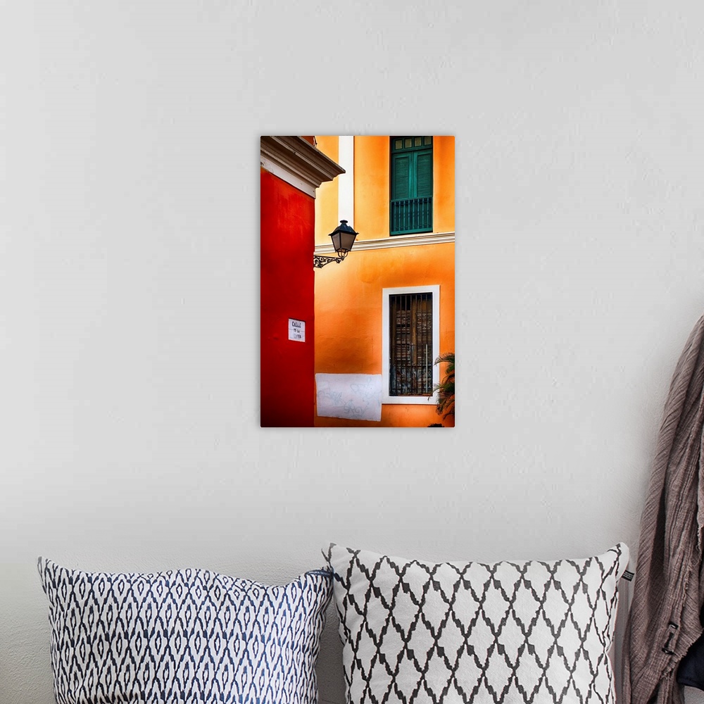 A bohemian room featuring Fine art photo of brightly colored walls of historic buildings in San Juan.