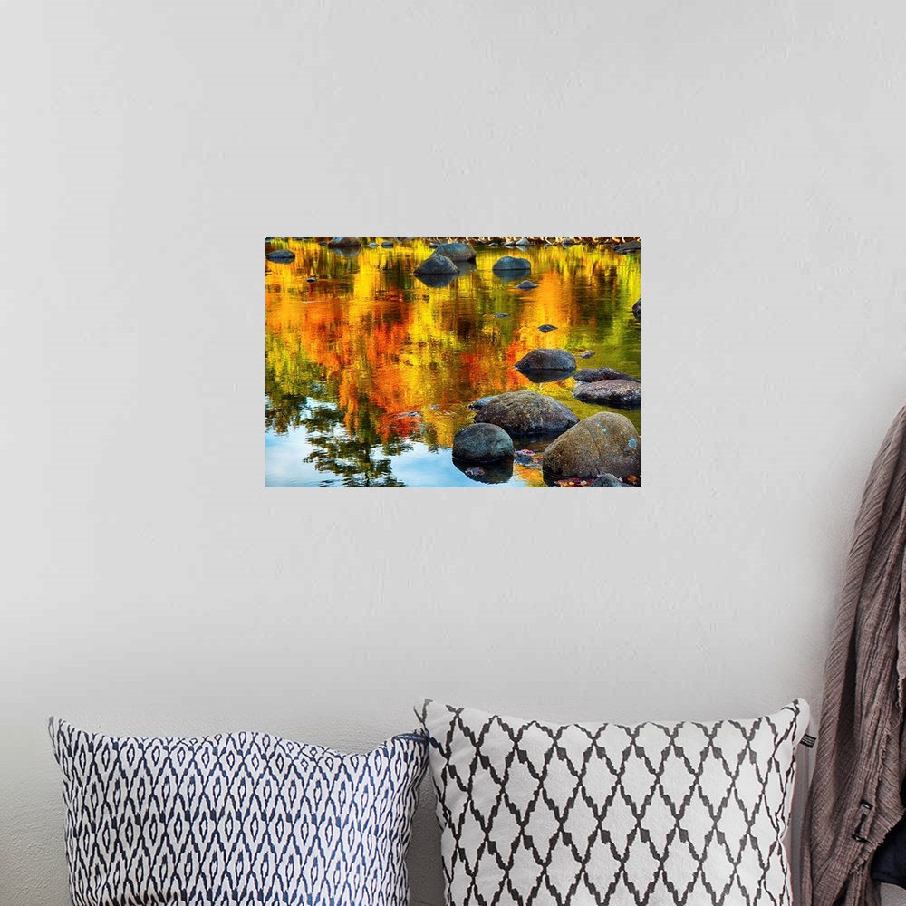 A bohemian room featuring Fine art photo of bright colors of a forest in autumn being reflected in a pond full of rocks.