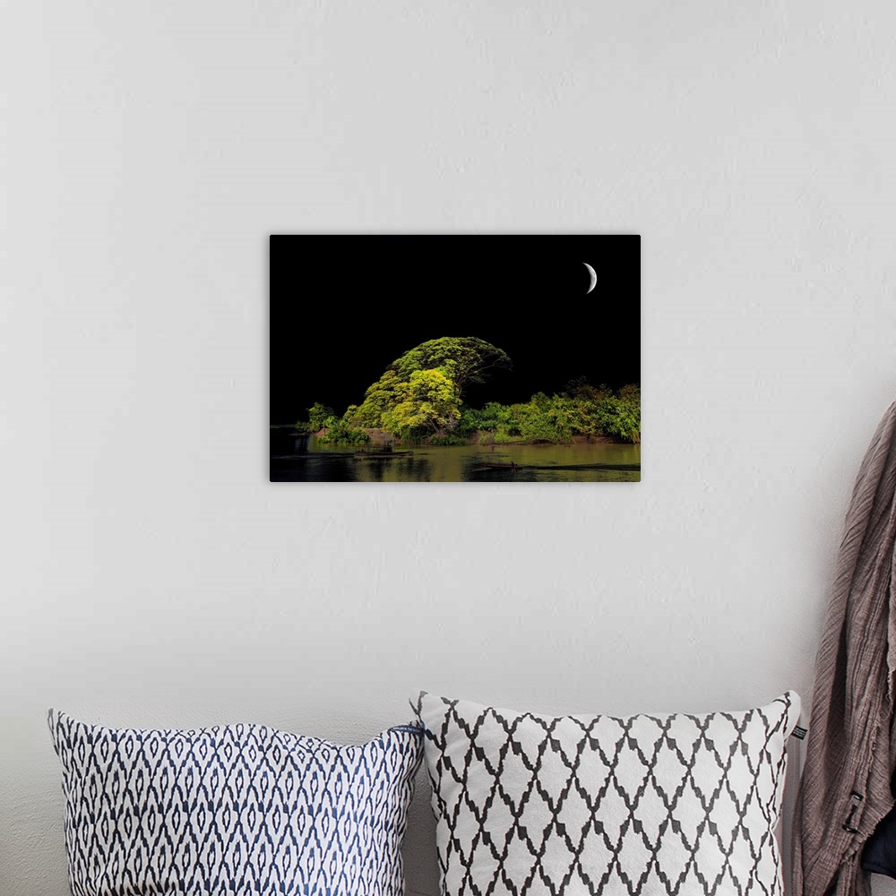 A bohemian room featuring Landscape of greenery under a crescent moon and in front of a dark sky