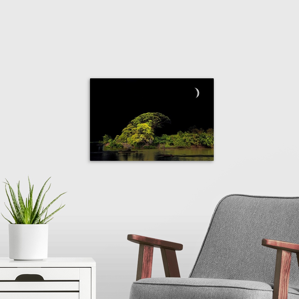 A modern room featuring Landscape of greenery under a crescent moon and in front of a dark sky