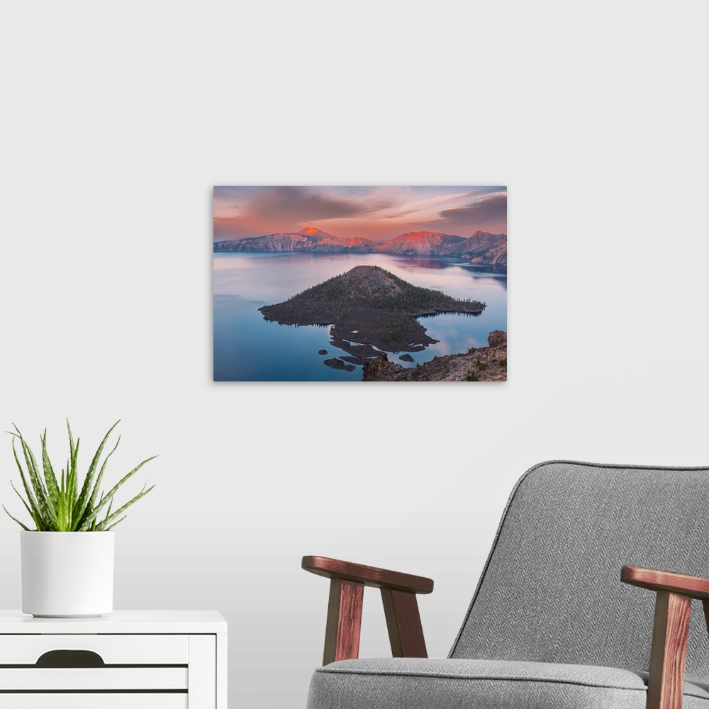 A modern room featuring Watchman Overlook at Crater Lake National Park, Oregon, during golden hour sunset.