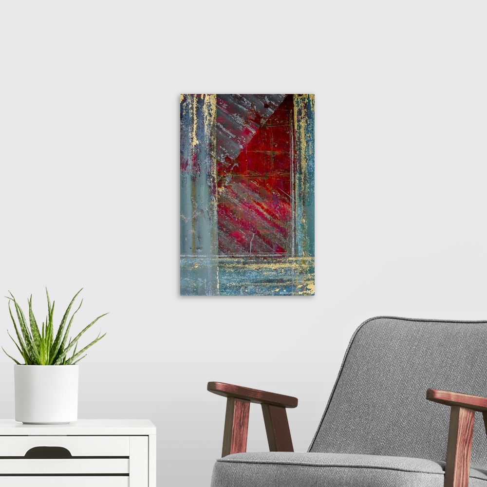 A modern room featuring Abstract artwork featuring distressed textures running in all directions to create an aged look.
