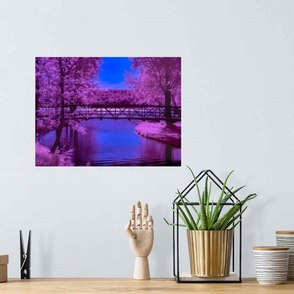 A bohemian room featuring Surreal photograph of a long bridge over a river lined with bright purple trees.