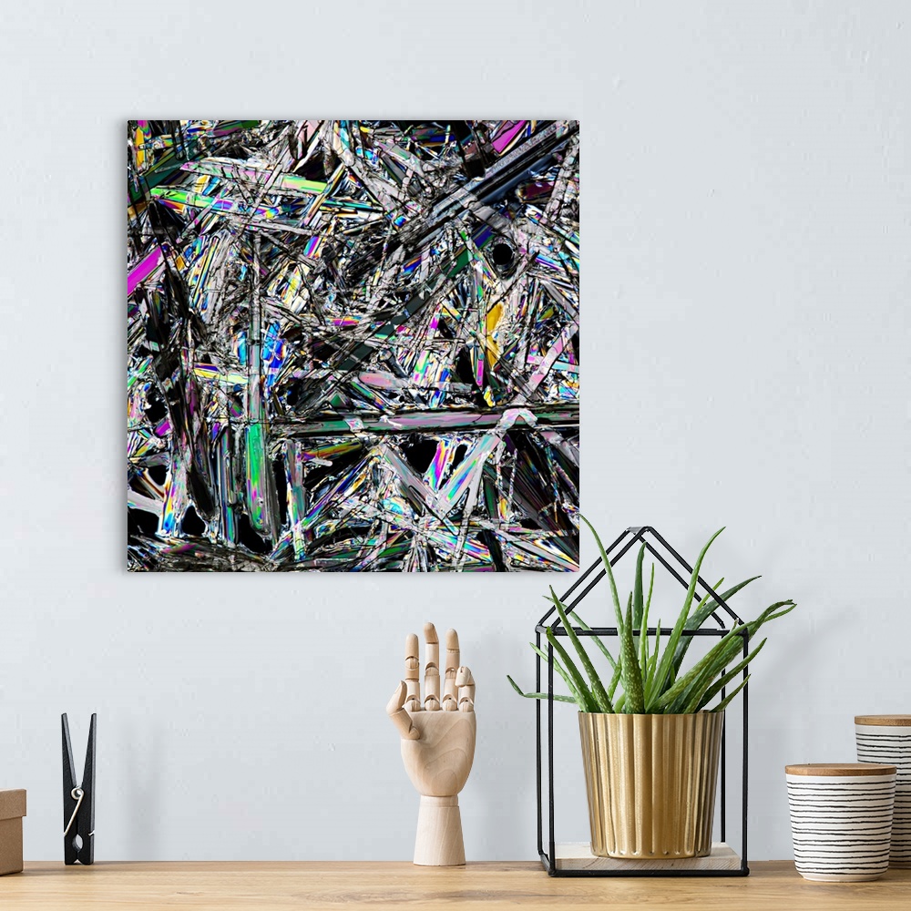 A bohemian room featuring Close-up photograph of a white crystals with spectrum's of color in the facets.