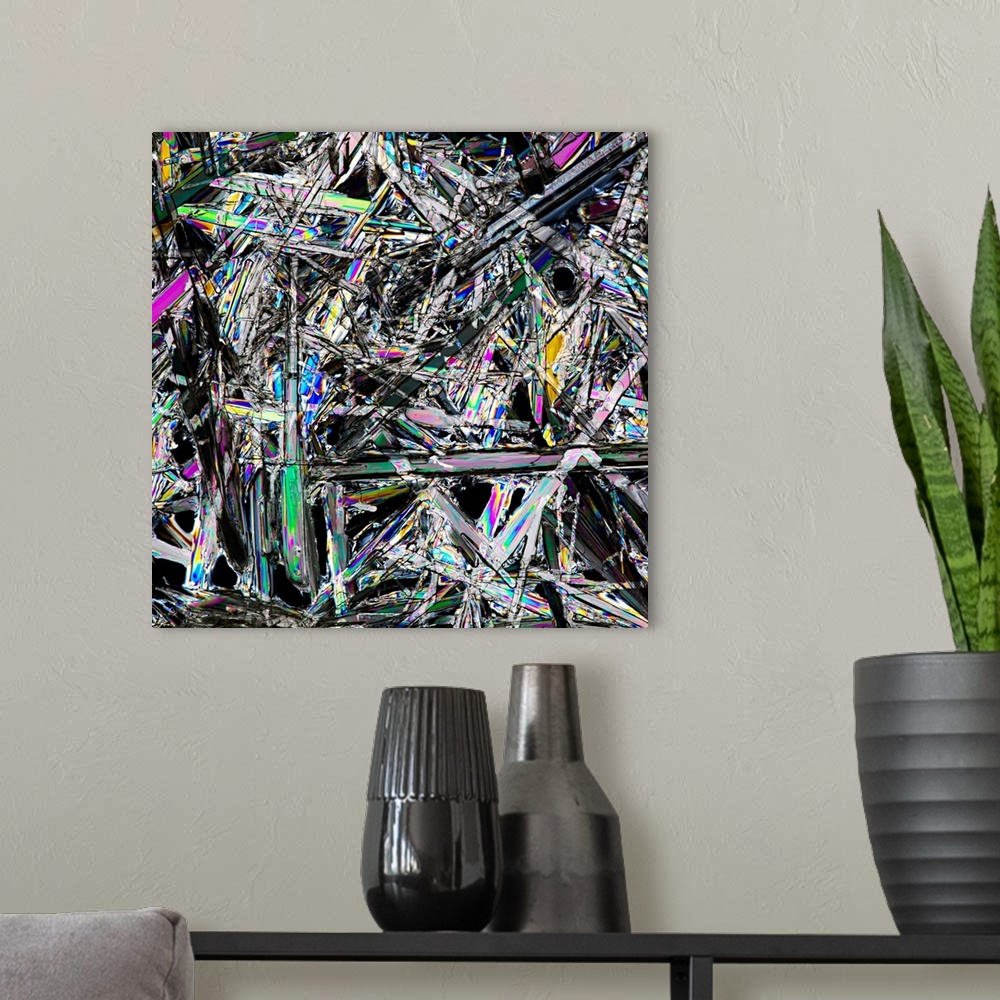 A modern room featuring Close-up photograph of a white crystals with spectrum's of color in the facets.