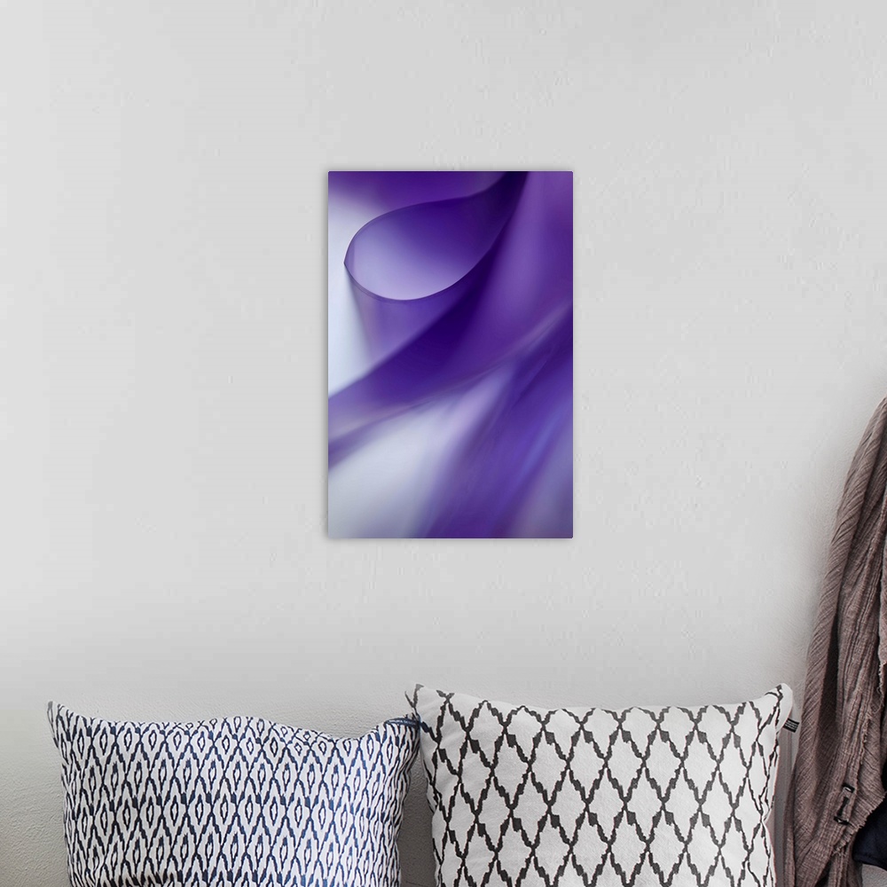 A bohemian room featuring Abstract photograph with ribbon-like curves of purple and white.