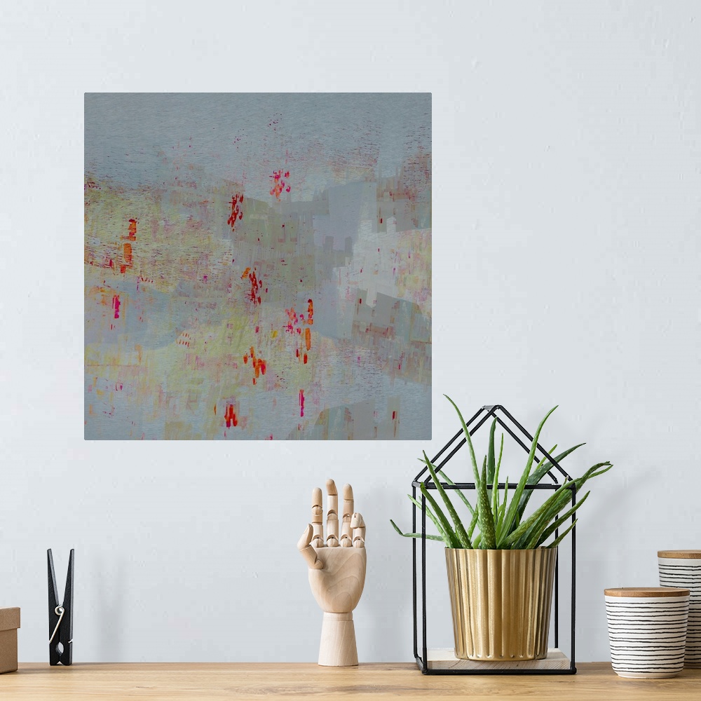 A bohemian room featuring An abstract expressionistic image of a cityscape in pale blues, greens with splashes of orange an...