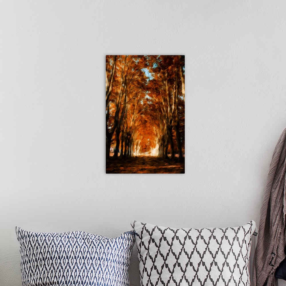 A bohemian room featuring An avenue of trees in autumn with a process of expressionist photo or painterly