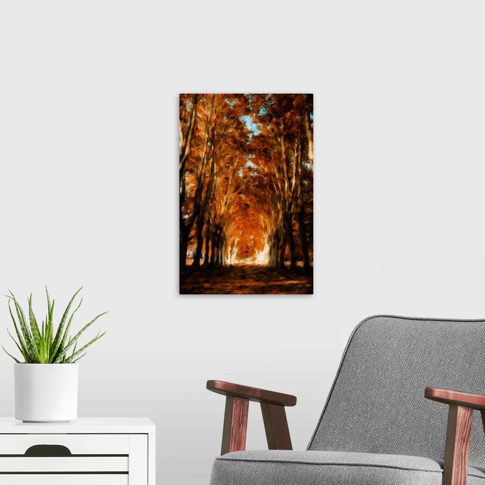 A modern room featuring An avenue of trees in autumn with a process of expressionist photo or painterly