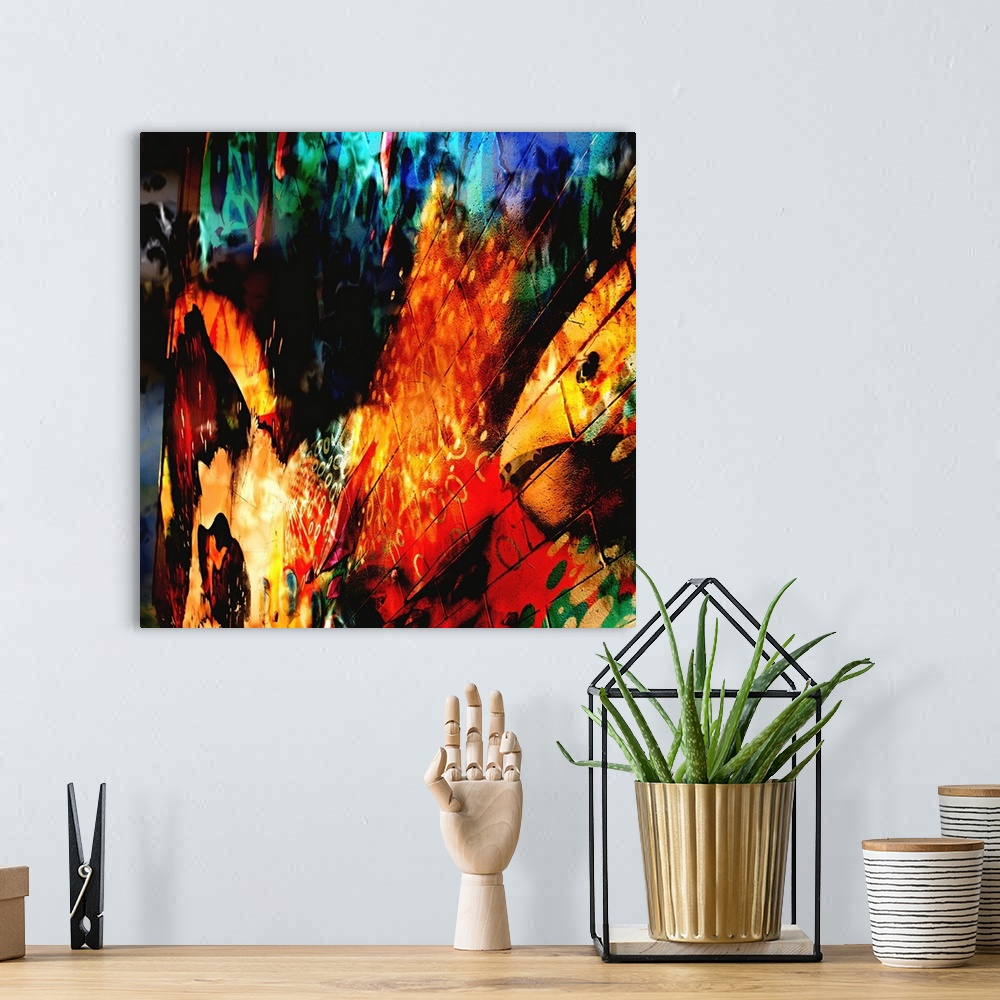A bohemian room featuring Intense fiery colors and warped imagery of a city street scene, creating an abstract image.