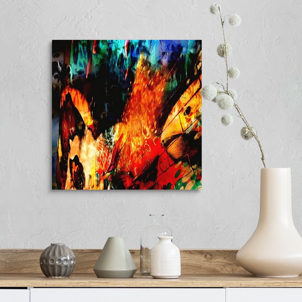 A farmhouse room featuring Intense fiery colors and warped imagery of a city street scene, creating an abstract image.