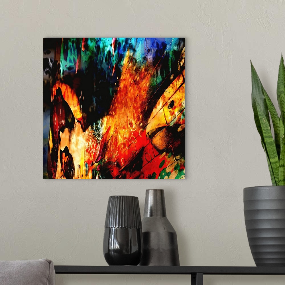 A modern room featuring Intense fiery colors and warped imagery of a city street scene, creating an abstract image.