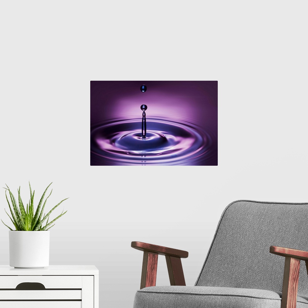 A modern room featuring A macro photograph of a water droplet suspended in air after hitting a watery surface.