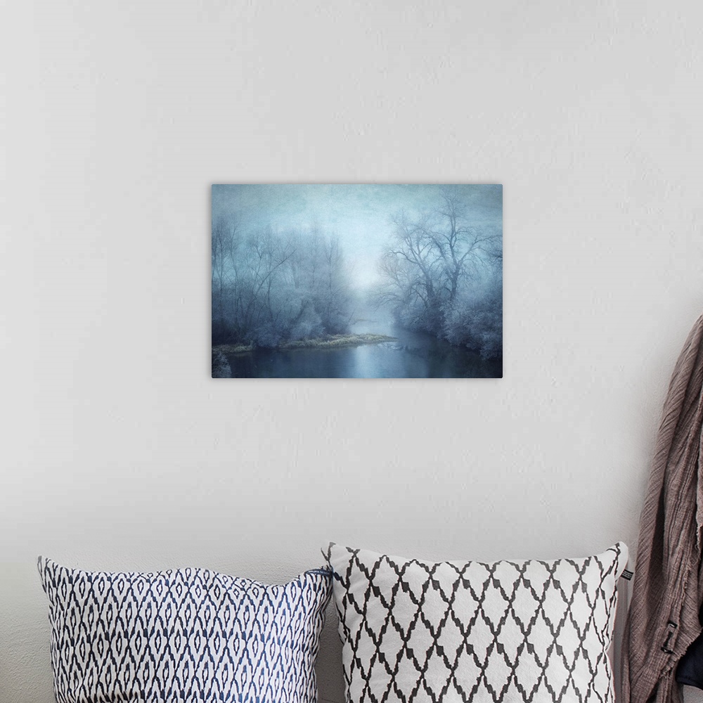 A bohemian room featuring Blue toned photograph of a calm lake surrounded with winter trees.