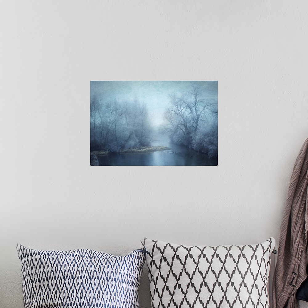 A bohemian room featuring Blue toned photograph of a calm lake surrounded with winter trees.