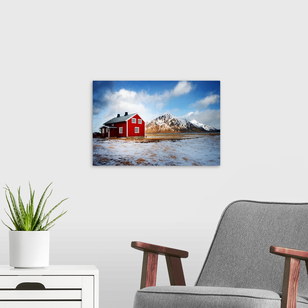 A modern room featuring A photograph of a mountain landscape with a red house in the foreground of the image.