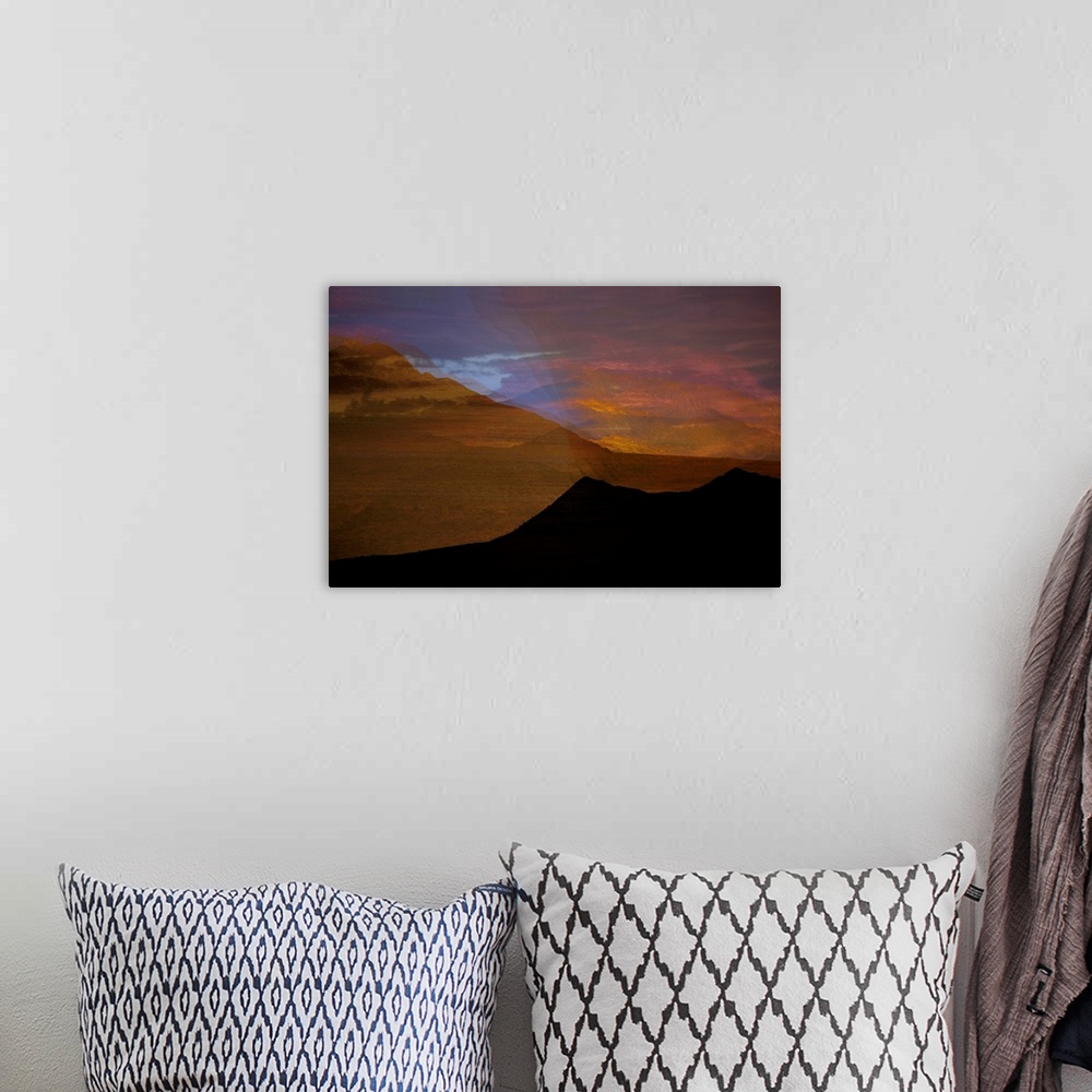 A bohemian room featuring Abstract photograph of a desert landscape with rolling hills and sand, created with multiple layers.