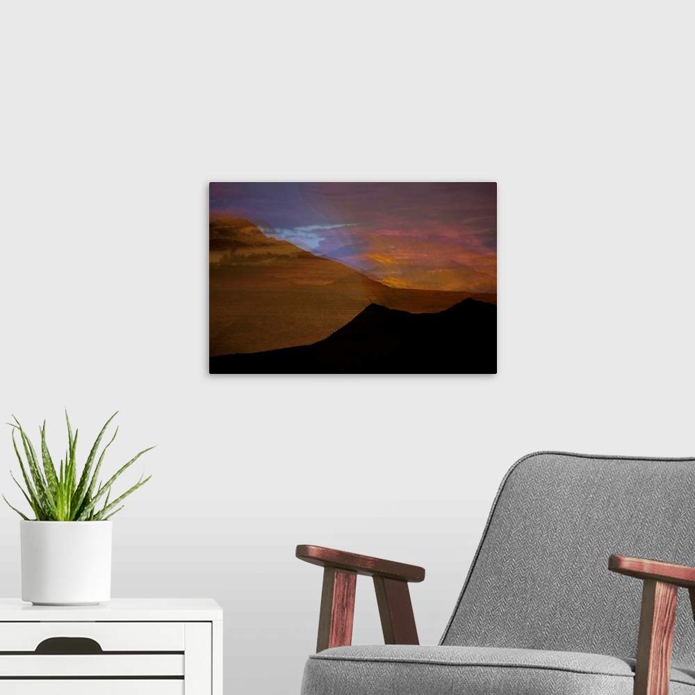 A modern room featuring Abstract photograph of a desert landscape with rolling hills and sand, created with multiple layers.