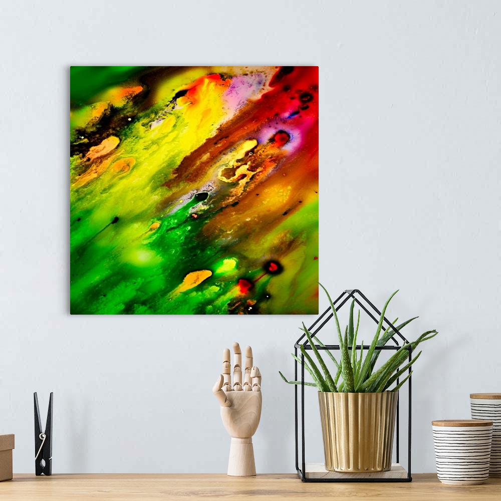 A bohemian room featuring Artistic abstract photograph a close-up of a vibrant multi-colored landscape