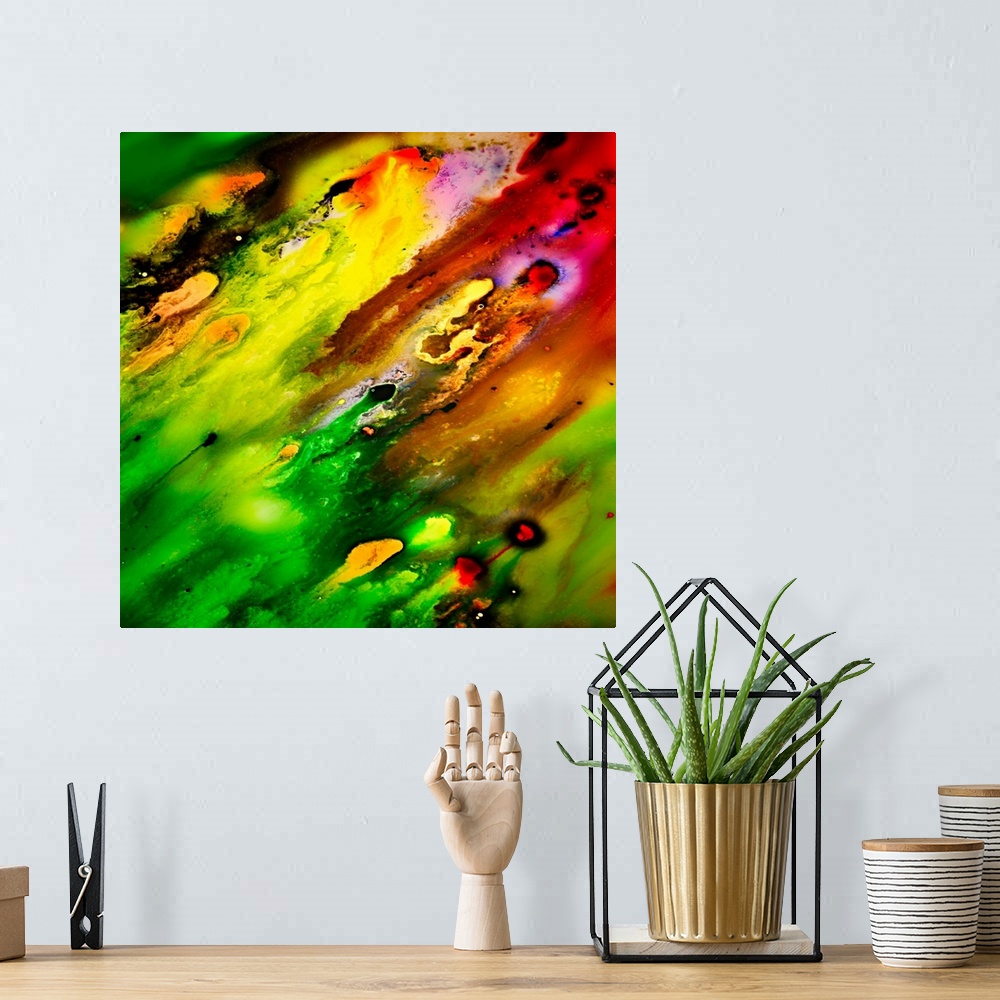 A bohemian room featuring Artistic abstract photograph a close-up of a vibrant multi-colored landscape