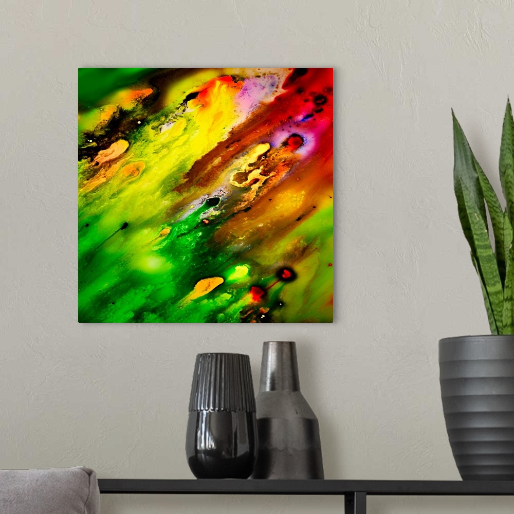 A modern room featuring Artistic abstract photograph a close-up of a vibrant multi-colored landscape