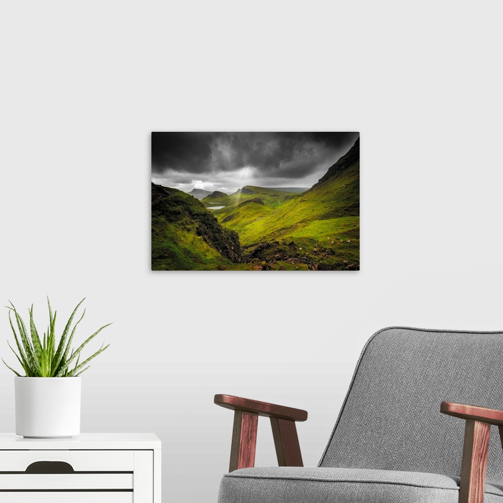 A modern room featuring Fine art photo of a lush valley under a stormy sky.