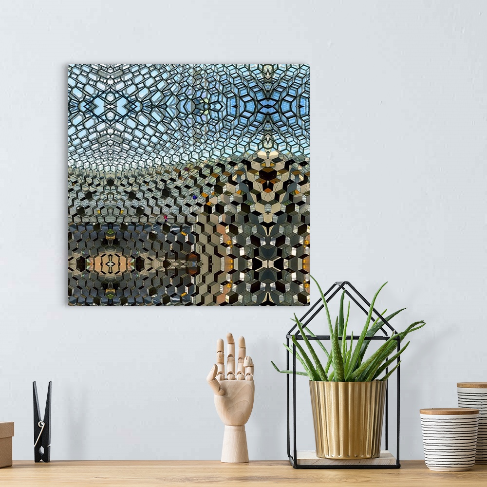 A bohemian room featuring Distorted Interior View of the Harpa Concert Hall and Exhibition Center in Reykjavik, Iceland.