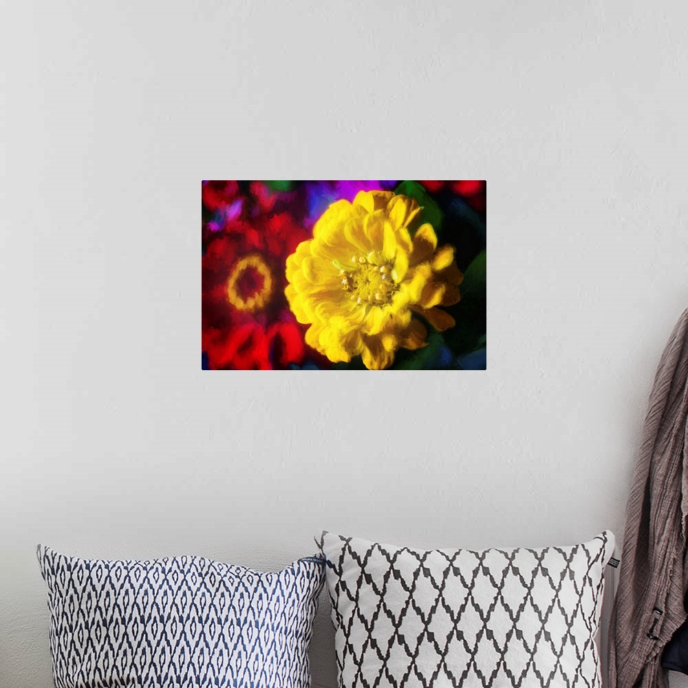 A bohemian room featuring Close-up photograph of yellow and red flowers with a painted look finish.