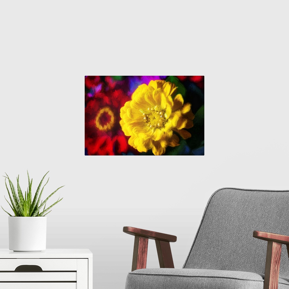 A modern room featuring Close-up photograph of yellow and red flowers with a painted look finish.