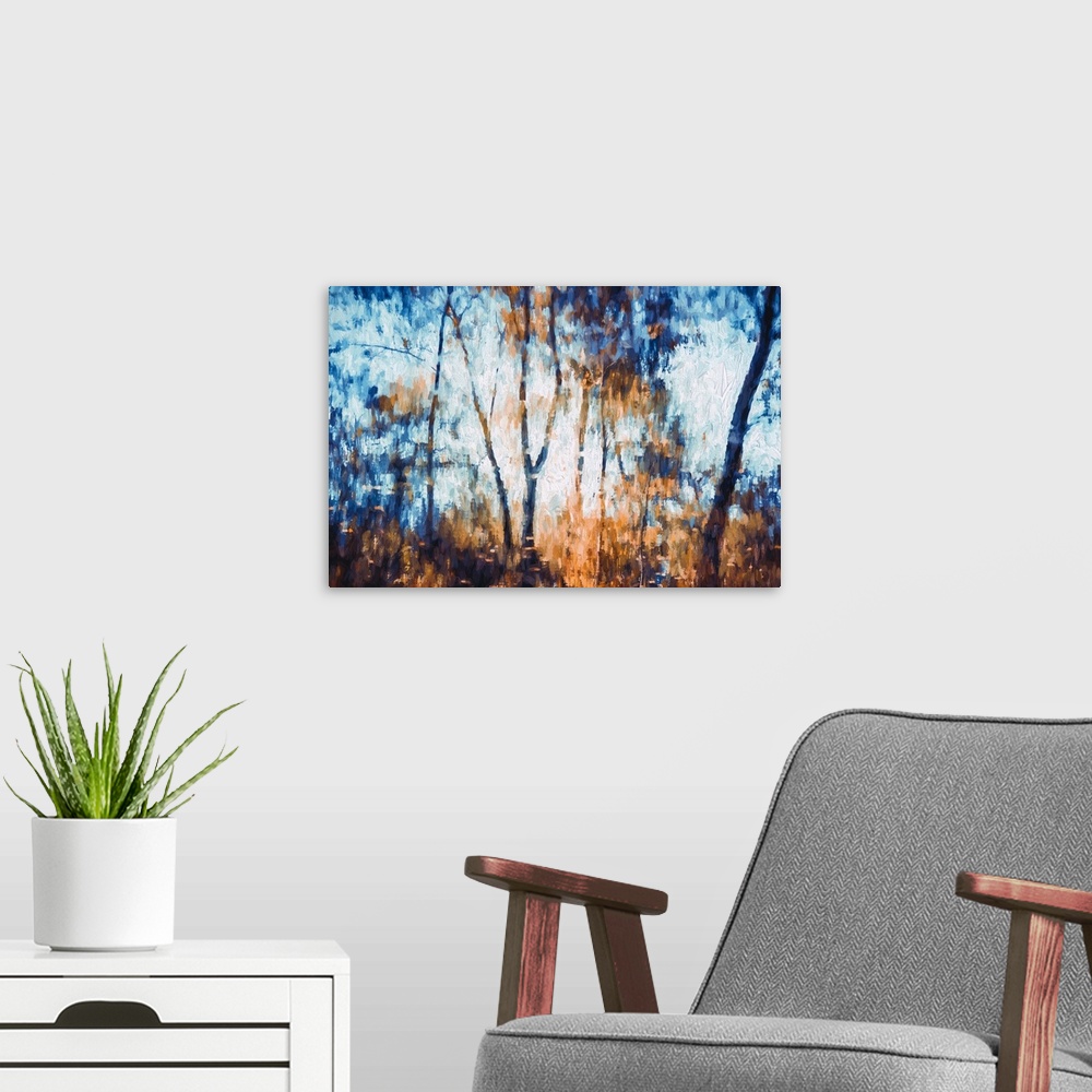A modern room featuring Photo Expressionism -Trees reflected in a lake in the fall.