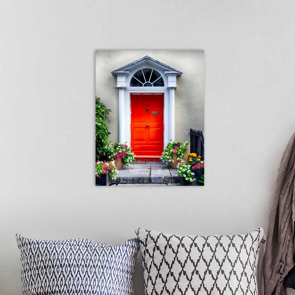 A bohemian room featuring Colorful antique entry door with potted flowers, Cork, Ireland.