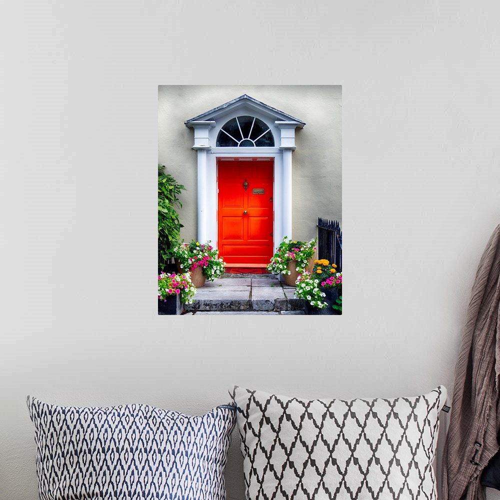 A bohemian room featuring Colorful antique entry door with potted flowers, Cork, Ireland.
