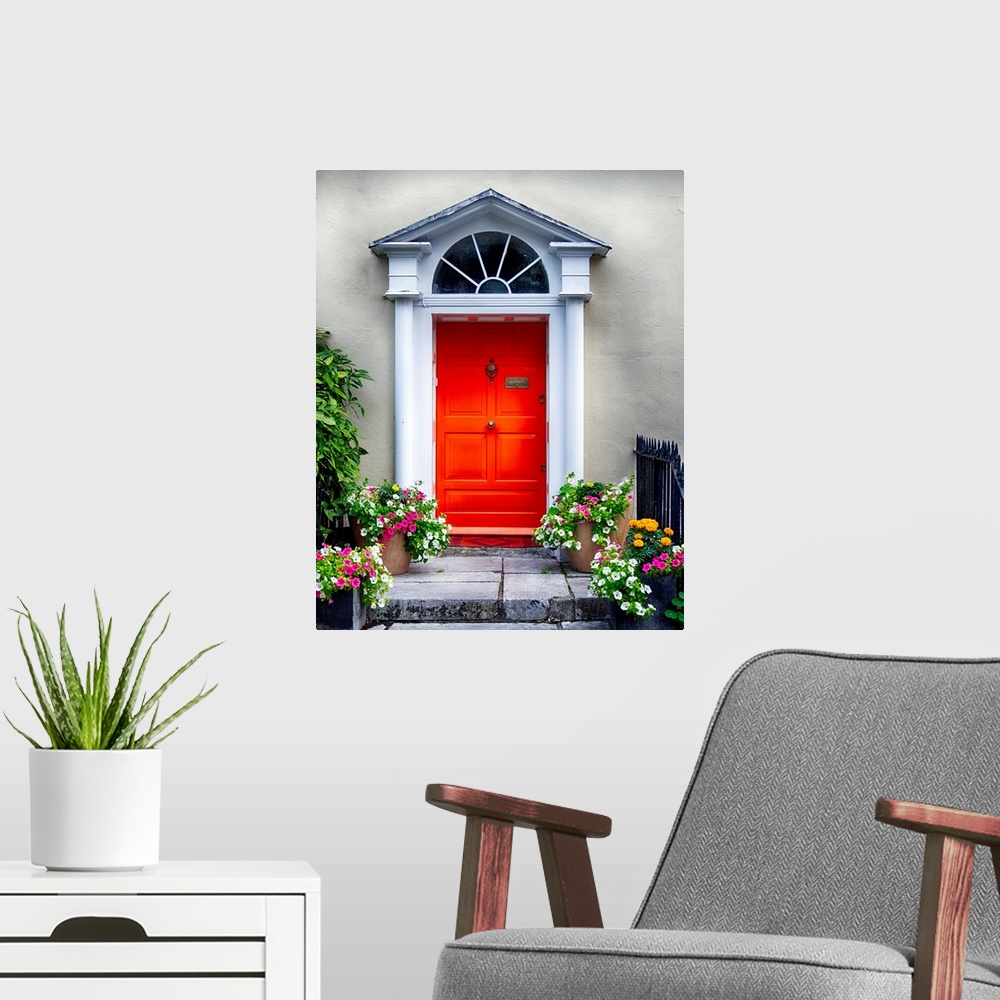 A modern room featuring Colorful antique entry door with potted flowers, Cork, Ireland.