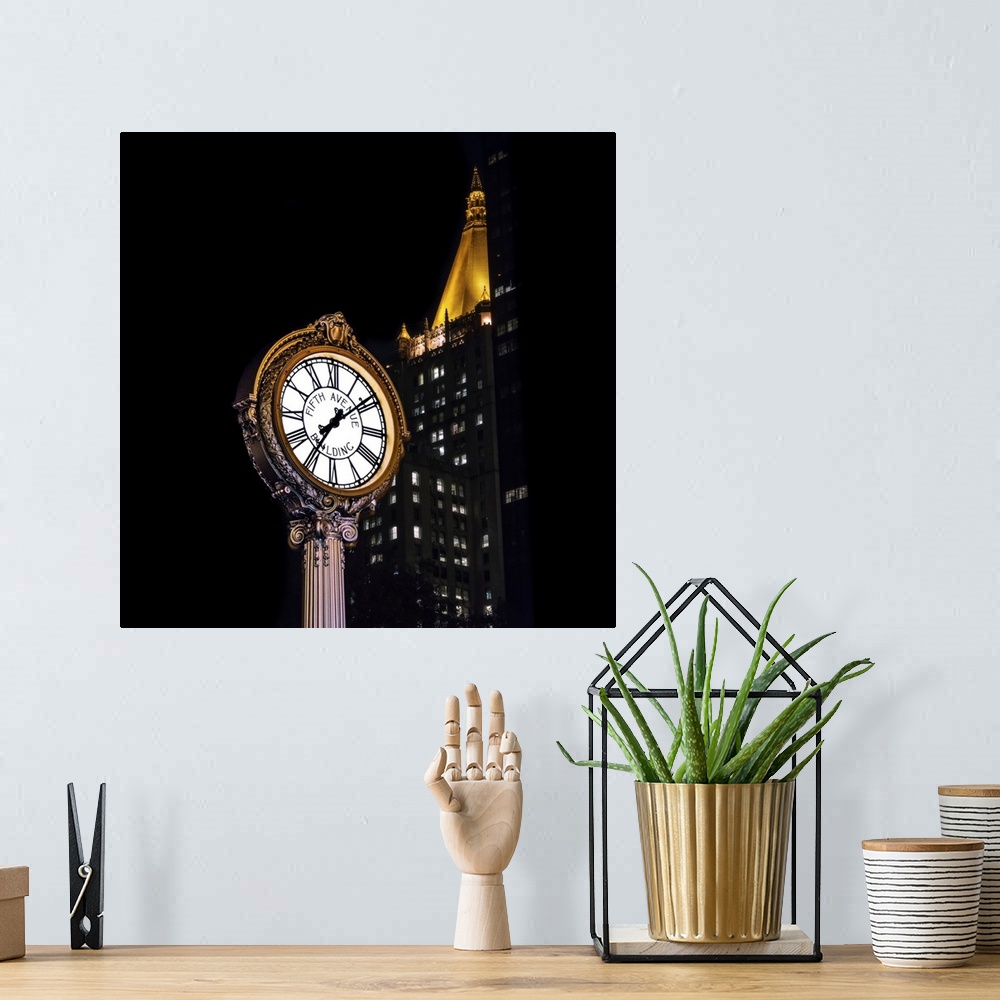 A bohemian room featuring On New York City Manhattan's Fifth Avenue, an ornate lit white Roman numeral clock with golden gl...