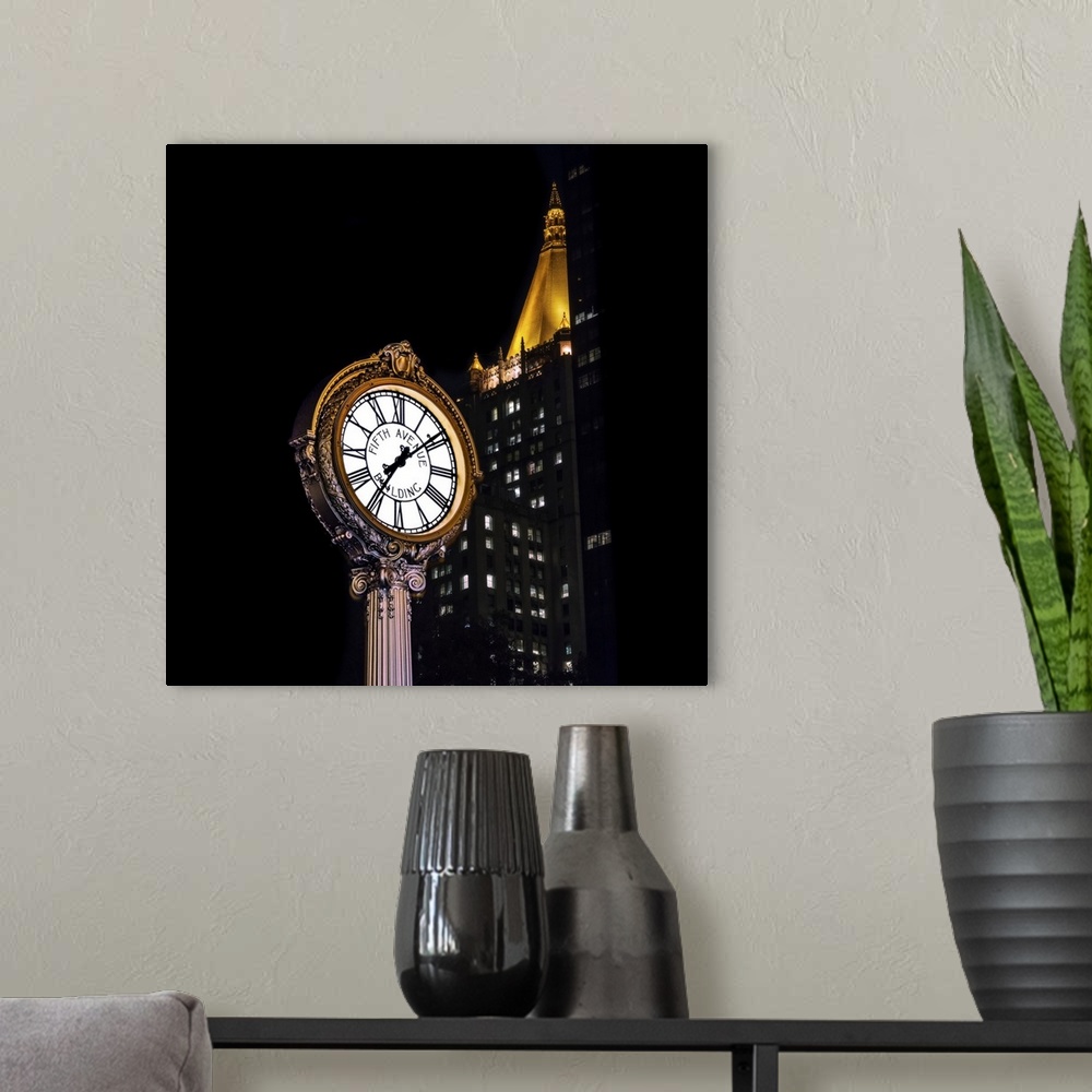 A modern room featuring On New York City Manhattan's Fifth Avenue, an ornate lit white Roman numeral clock with golden gl...
