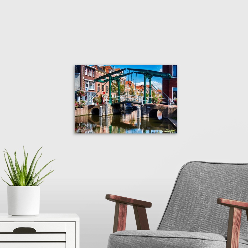 A modern room featuring Small Drawbridge over a Canal, Leiden, Netherlands.
