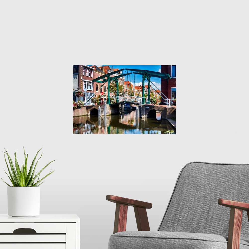 A modern room featuring Small Drawbridge over a Canal, Leiden, Netherlands.