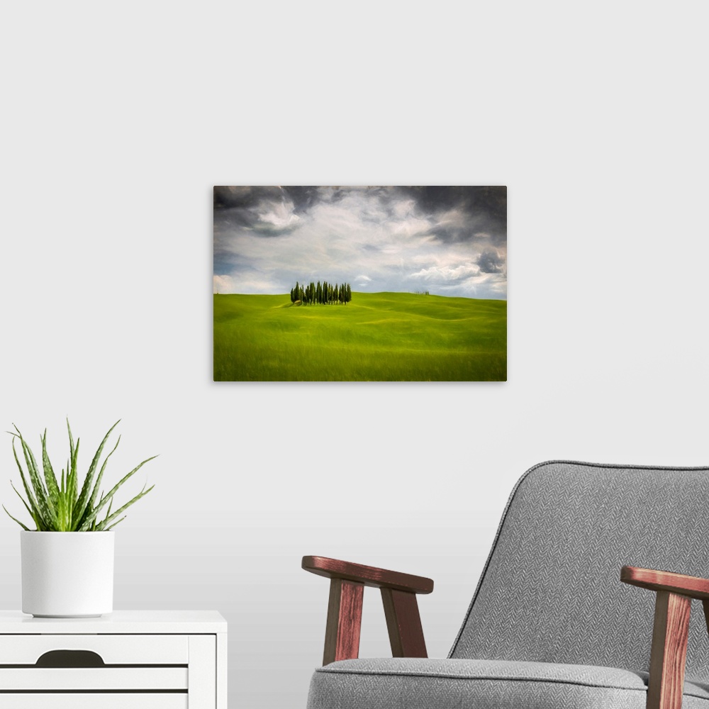 A modern room featuring Fine art photo of a small group of trees on a hilly landscape under a cloudy sky.