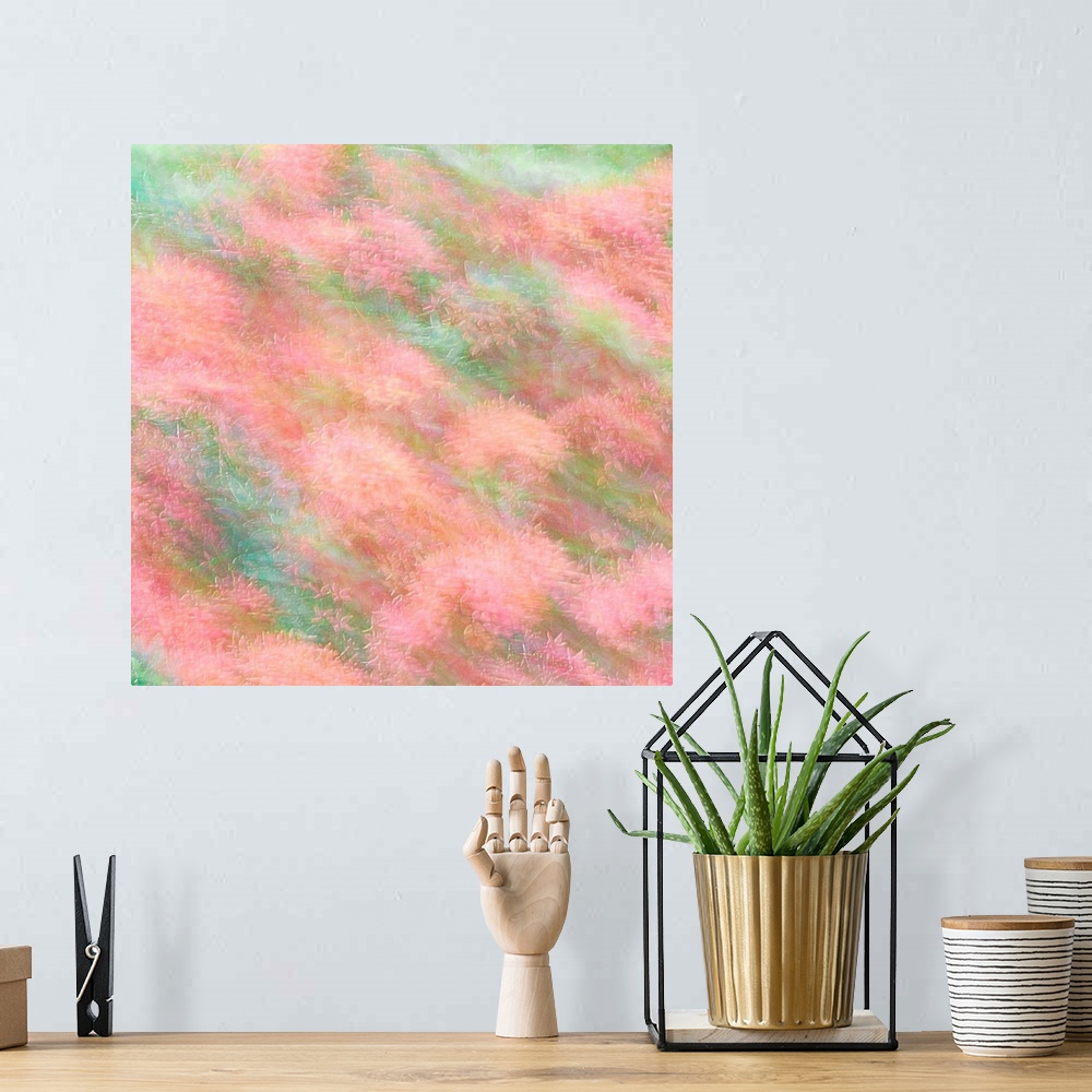 A bohemian room featuring Dreamy photograph of pink flowers in a field with blurred movement and a pastel colored background.